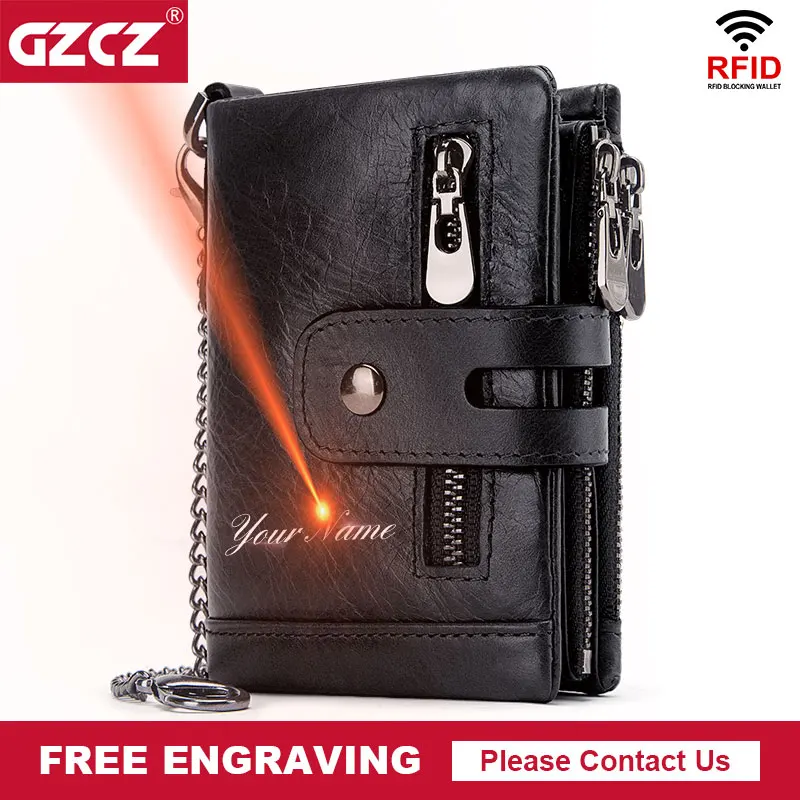 GZCZ Rfid Genuine Leather Men Wallet Coin Purse Small Mini Card Holder Chain PORTFOLIO Portomonee Male Min Walet Free Engraving