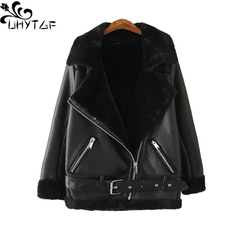 

UHYTGF Winter Leather Jackets for Women 2024 Thick Faux Leather Fur Sheepskin Coat Woman Leather Jacket Tops Casaco Feminino 928