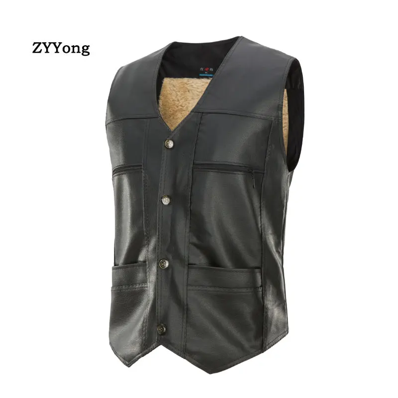 Winter Vest Coat Men Add Cashmere Thicken Leather Single-Breasted Herringbone Slim Fitted Suit Waistcoat Jacket Clothing