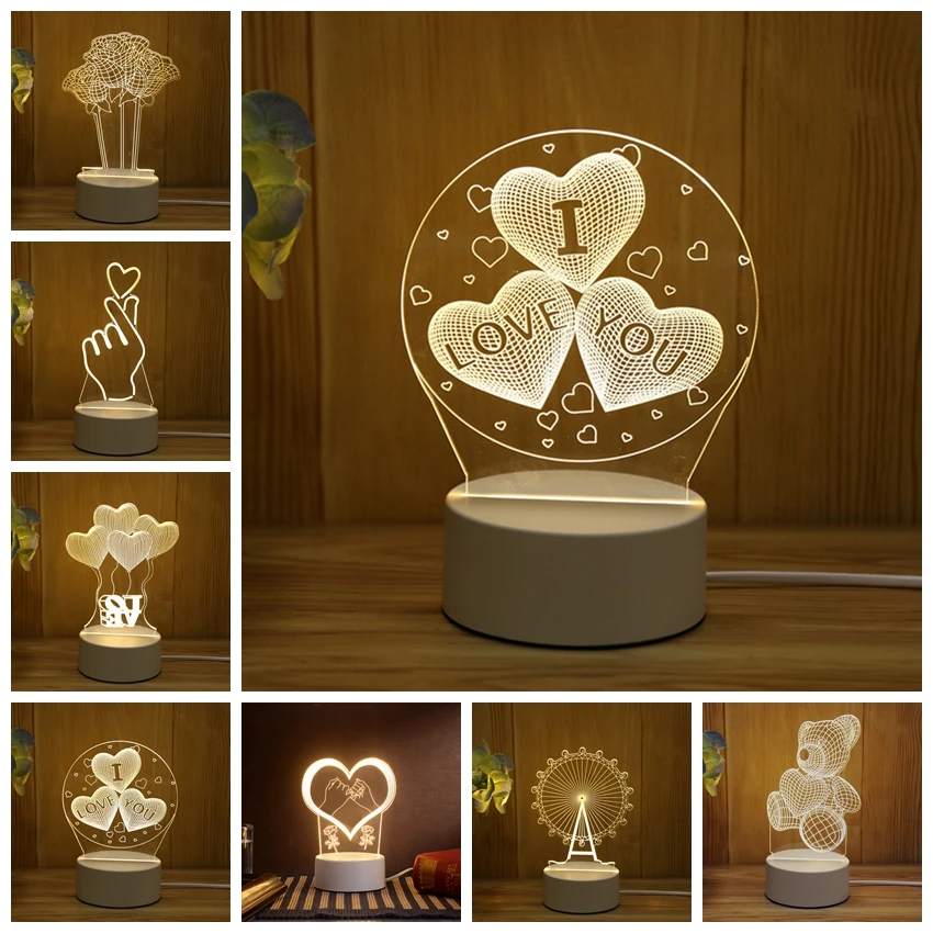 3D Romantic Love LED Night Light Acrylic Desktop Table Lamp Living Room Bedroom Bedside Lighting Decoration for Valentine Day