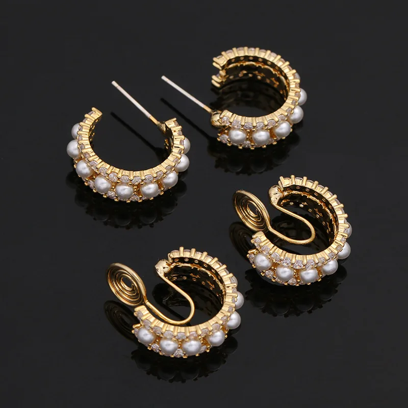 New Design Exquisite Small Semicircle Vintage Simulated Pearl Zirconia Clip on Hoop Earrings No Pierced Women Fashion Pendientes