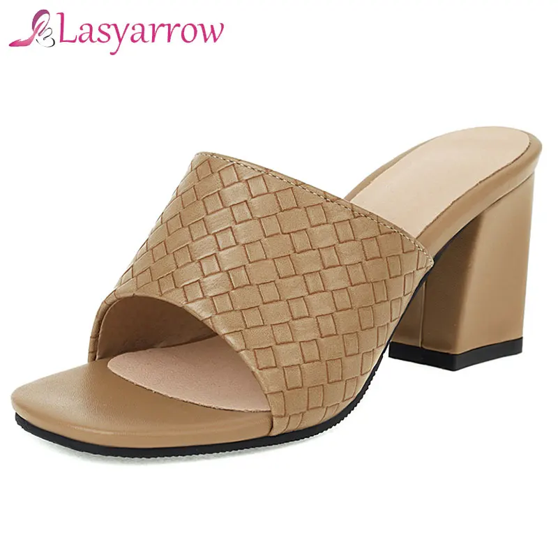 Lasyarrow Fashion Square Head Peep Toe High Heel Slippers Women Slip On Sandal Outdoor Slides Summer Mule Elegant Shoes Mujer