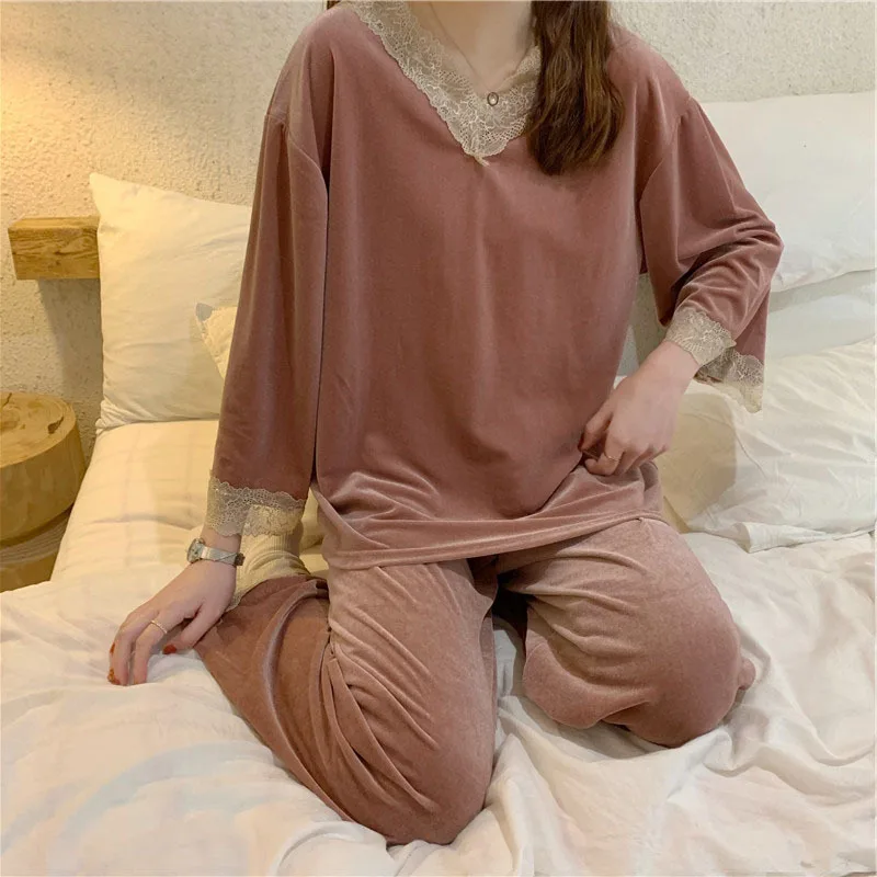 Fdfklak Lace Stitching Gold Velvet Sleepwear Pijamas Suit Female Homewear Mujer Spring Autumn New Women Pyjamas Sets