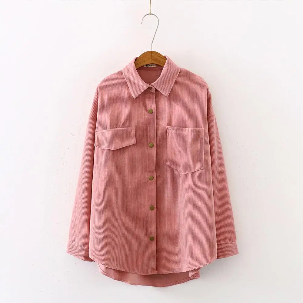 New Women Solid Corduroy Batwing Sleeve Vintage Blouse Turn-Down Collar Loose Top Button Up Pink Shirt Feminina Blusa T9D609T