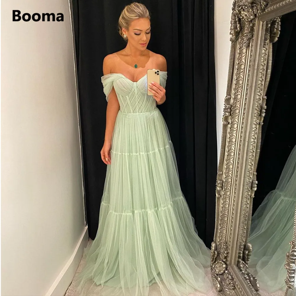 Booma Mint Green Sweetheart A-Line Prom Dresses Off the Shoulder Tiered Tulle Maxi Evening Dresses Formal Prom Gowns Customized