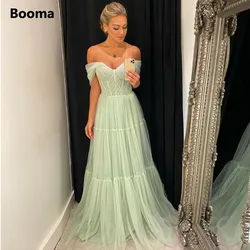 Booma Mint Green Sweetheart A-Line Prom Dresses Off the Shoulder Tiered Tulle Maxi Evening Dresses Formal Prom Gowns Customized