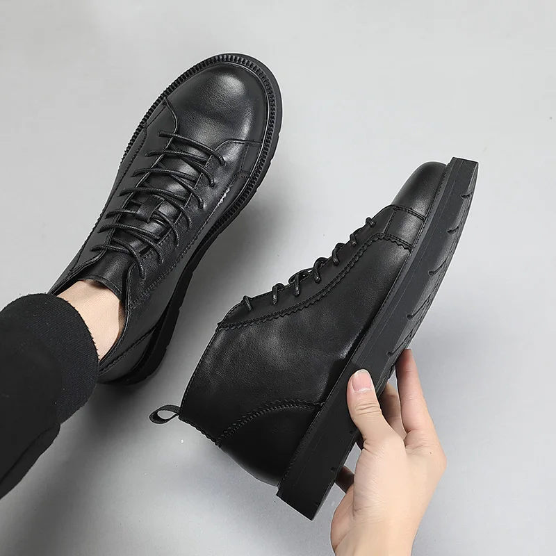 New Spring Autumn High Quality Men Casual Shoes Black Round Toe Real Leather Ankle Boots Soft Tooling Lace-Up British Boots