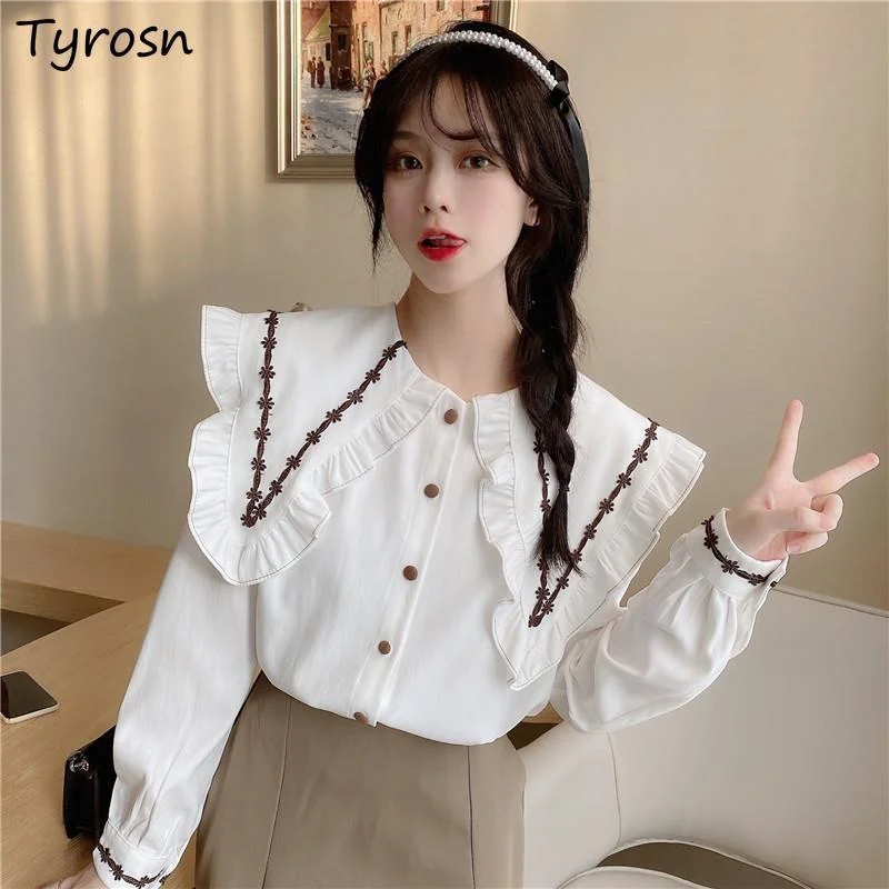 Peter Pan Collar Shirts Women Sweet Design Ruffles High Street Princess Korean Style White Button-up Long Sleeve Blouses Girls