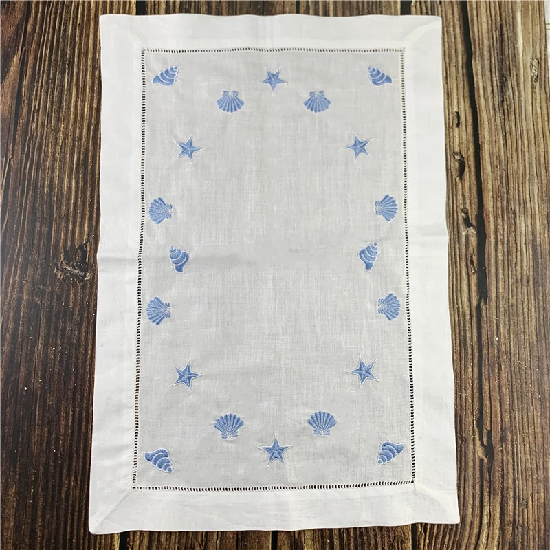 

Table Cloth White Linen Table Runner/Placemats Blue embroidery Neptune/Conch/shell for elegant lunch or dinner