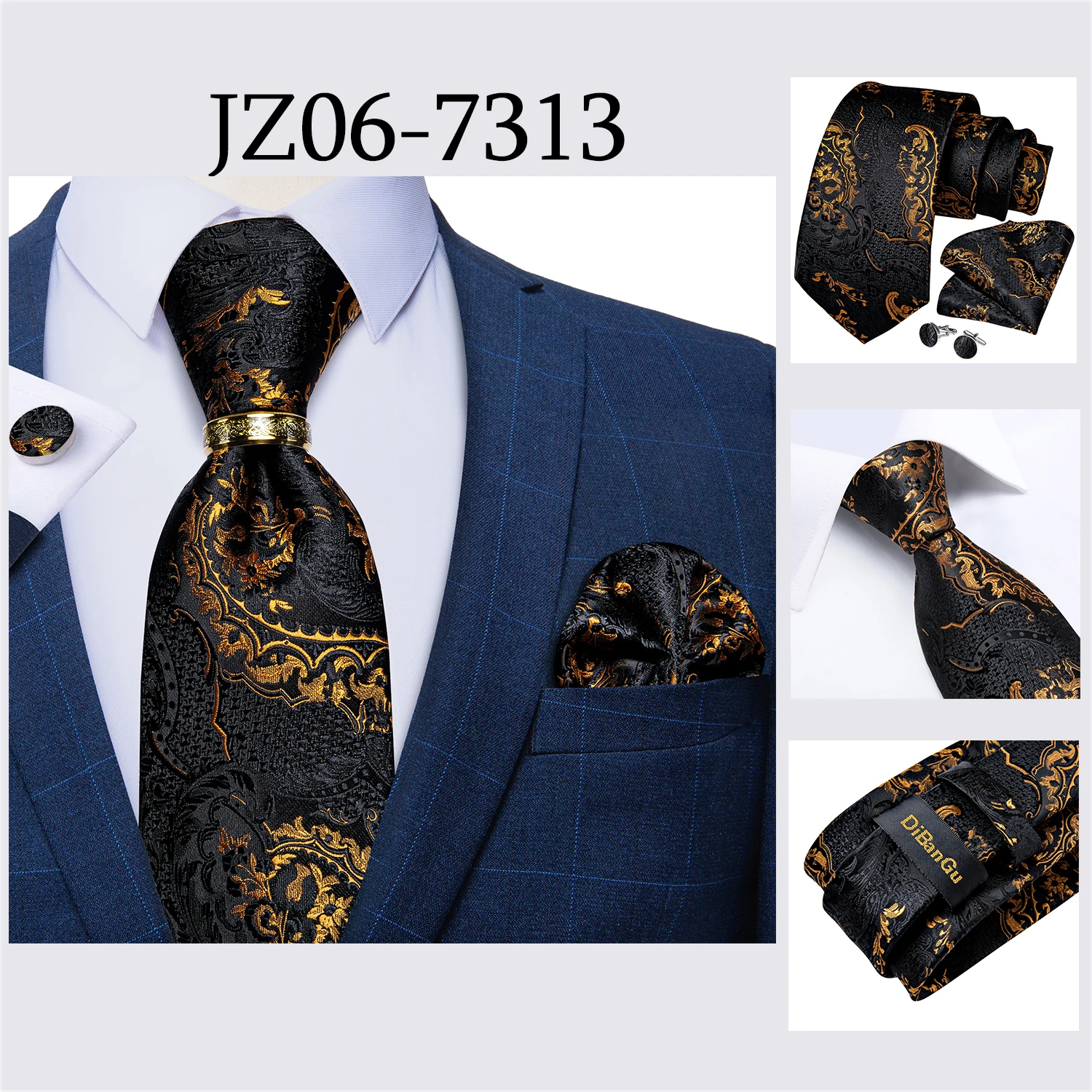 Beige Floral Herren Krawatten Taschentuch Manschettenknöpfe Hochzeit Party Krawatten für Männer Edelstahl Drachen Ring Männer Accessoires Geschenk – Detail 36