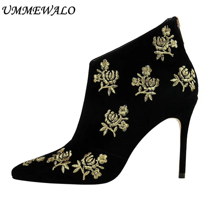 UMMEWALO Ankle Length Flock Boots Women Fashion Pointed Toe High Heel Shoes Winter Ankle Boots Embroider Design Ladies Shoes