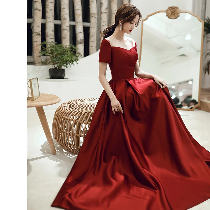 

Elegant Square Collar Short Sleeve Burgundy Evening Dress Back Bandage Prom Gowns Cheongsam Robe De Soiree Vestidos Size XS-3XL