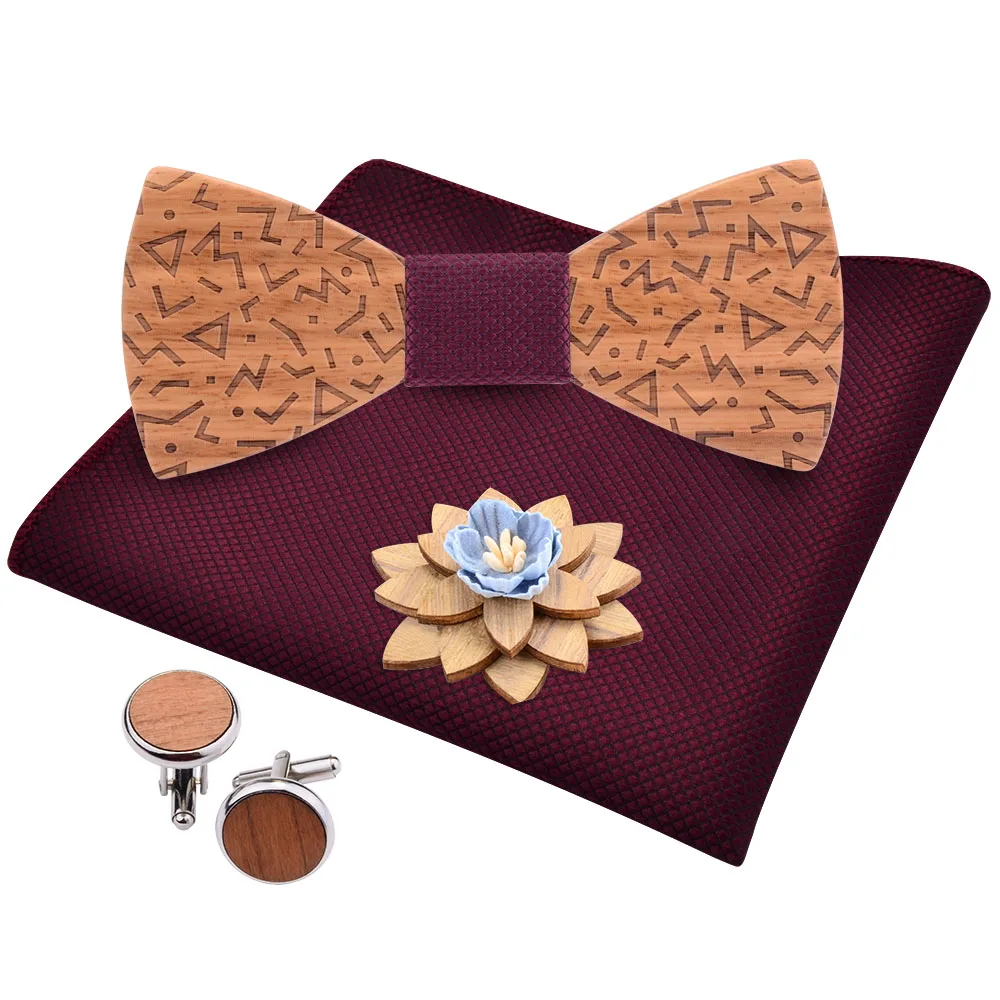 Männer Solide Holz Fliege Set Sehnte Holz Bowtie Taschentuch Manschettenknöpfe Brosche Sets Mit Holz Box Für Männer Hochzeit geschenk Krawatte