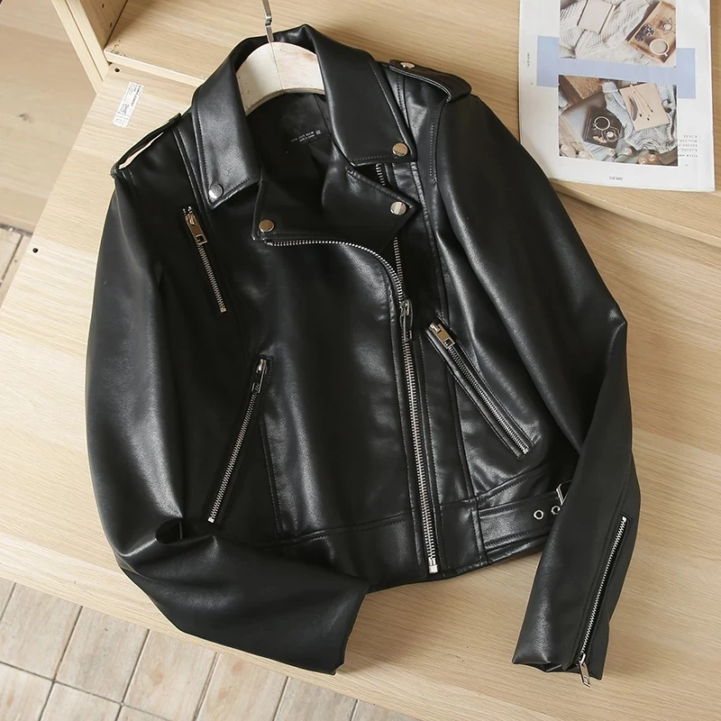 2024 New Autumn Winter Women Black Faux Leather Jacket Fashion Solid Zipper Biker Coat Female