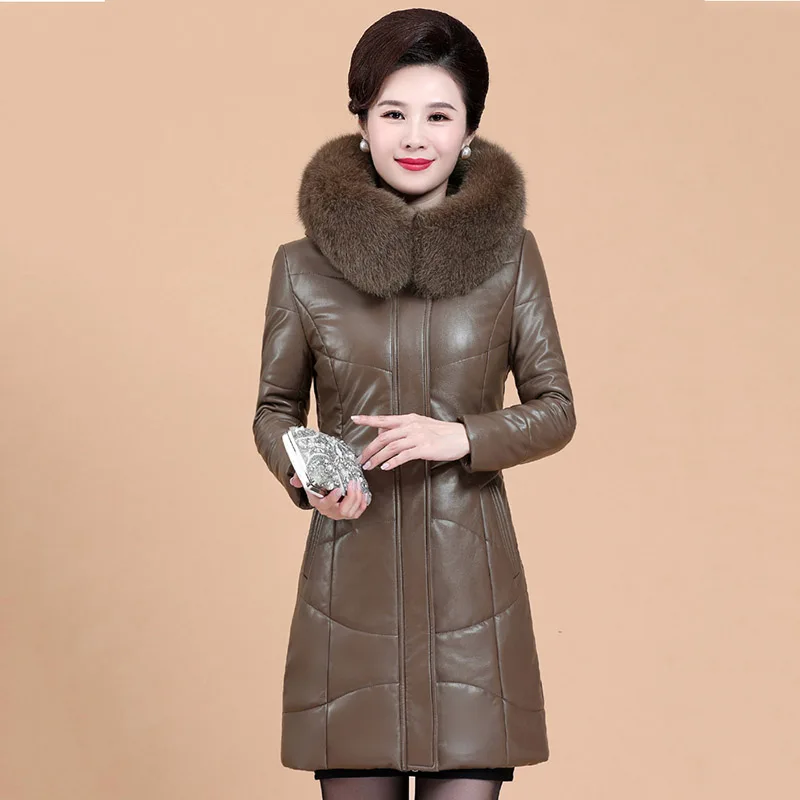 8XL Leather Down Jacket Women Mid-Length Fur Collar Hooded Leather Coat Winter Female Thick Warm Jacket 2023 Vintage Outerwear