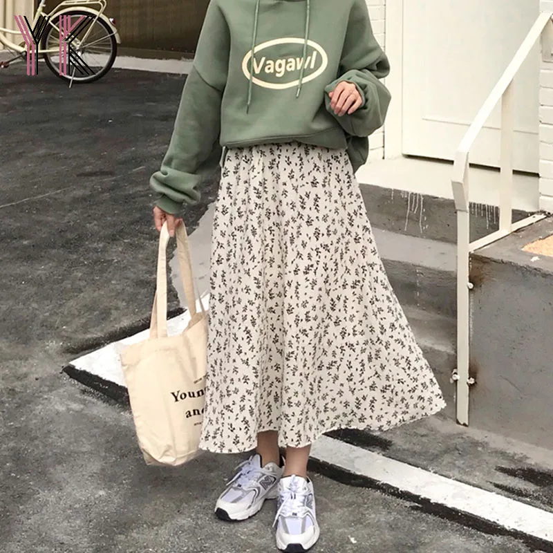 

Women's Skirts Harajuku High Waist Floral Print Skirts for Women Spring Autumn Midi Vintage Skirt Female Korean Style Long Skirt