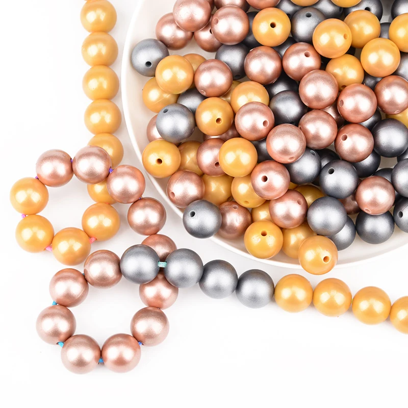 LOFCA 20pcs Metallic Golden Print Silicone Beads 19mm Food Grade Silicone 12mm Sliver Pearl Teether Beads DIY Teething Nursing