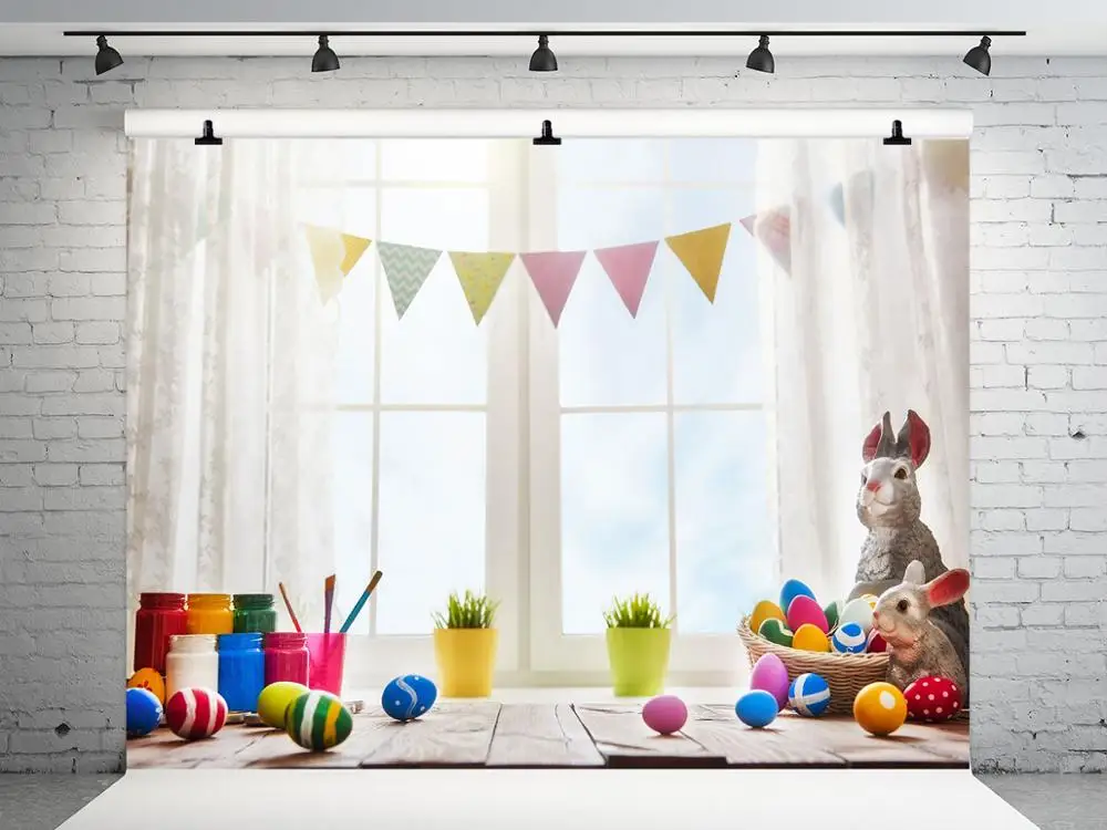 

VinylBDS 5x7ft Easter Backdrop Backgroud Window Curtain Photography Background Rabbit Egg Background Photography Children