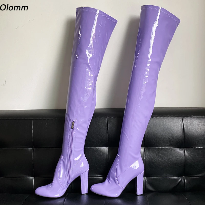 Olomm stivali invernali sopra il ginocchio da donna stivali quadrati con tacco alto bella punta tonda bellissime scarpe da festa viola da donna