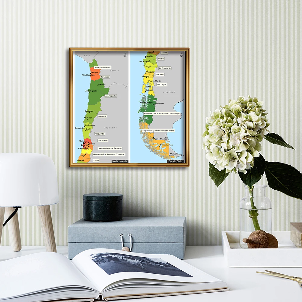 

60*60cm The Chile Map In Spanish Canvas Painting Wall Art Poster Classroom Home Decor Children School SuppliesTravel Gift