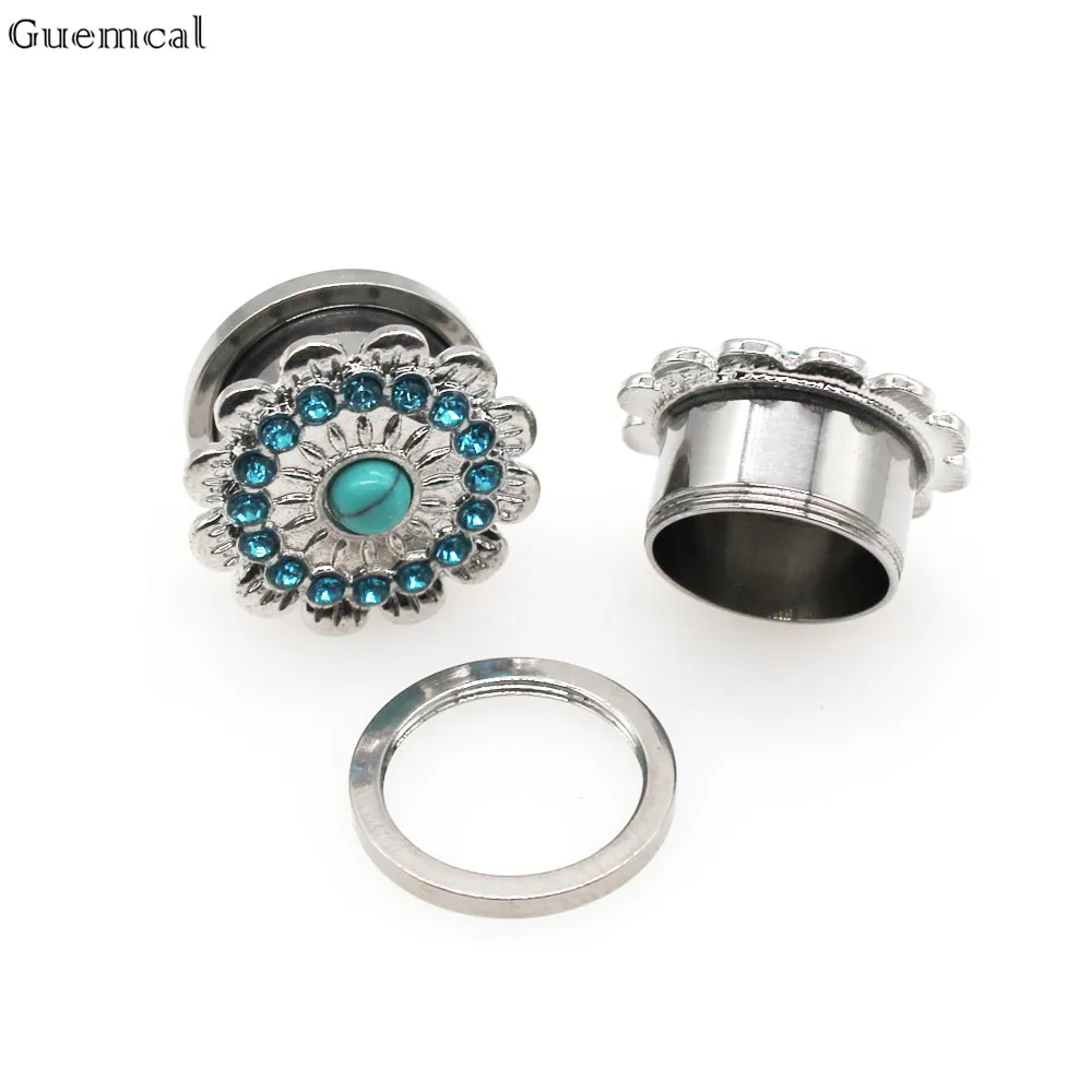 Guemcal 2pc Stianless Steel Ear Plugs and Tunnels 6-18mm Flower Ear Gauges Expander Stretcher for Earrings Piercing Body Jewelry