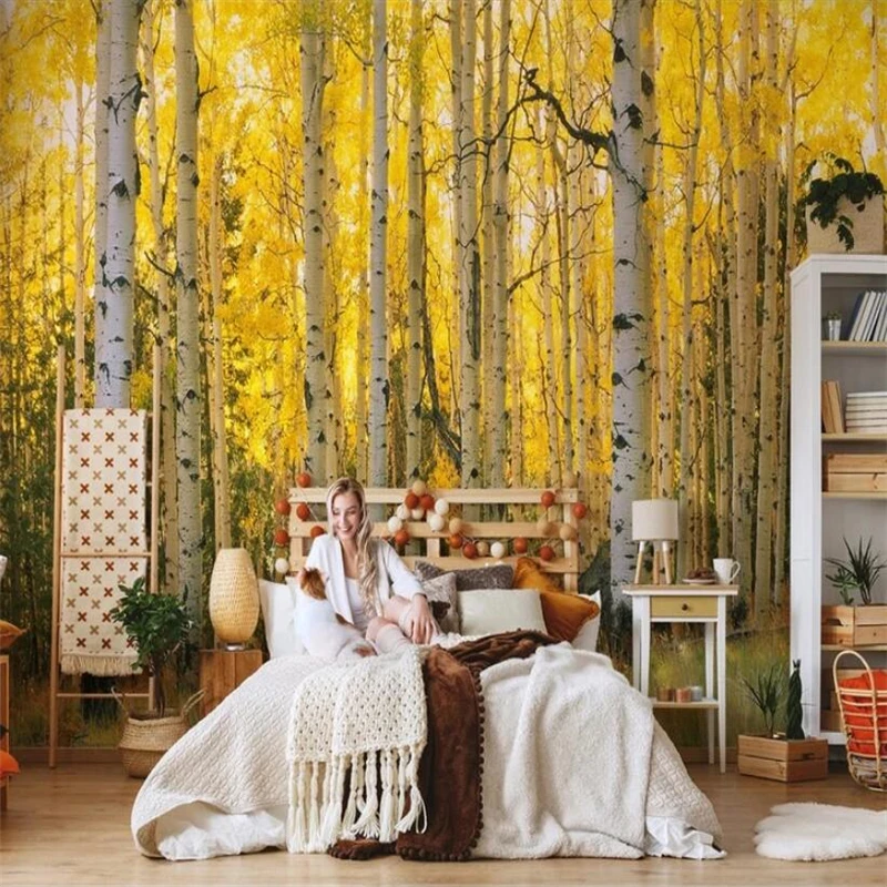 beibehang custom Nordic oil painting birch forest landscape wallpapsr living room TV background wall paper seamless sofa canvas