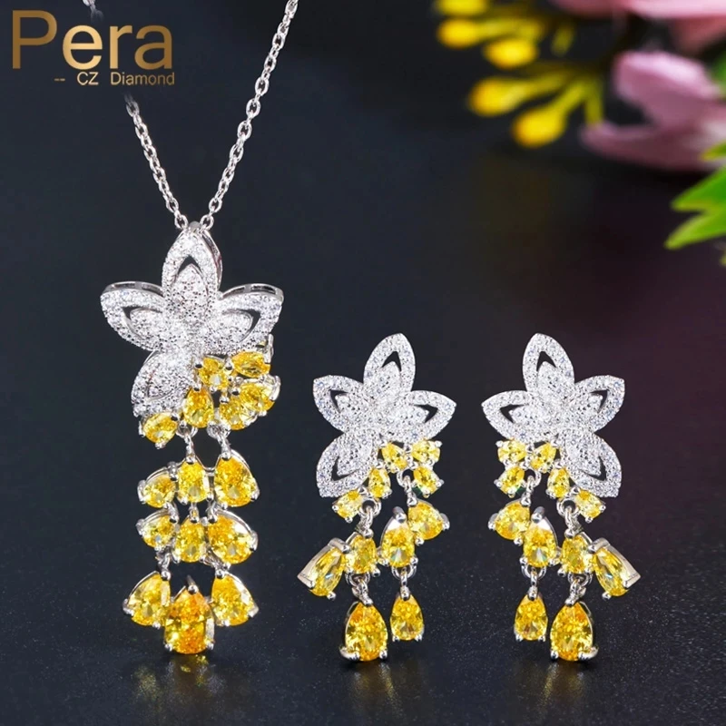 

Pera Trendy AAA+ Water Cut Drop Necklace and Earrings Yellow Crystal Stone Fashion Women Party Silver Color Jewelry Sets J074