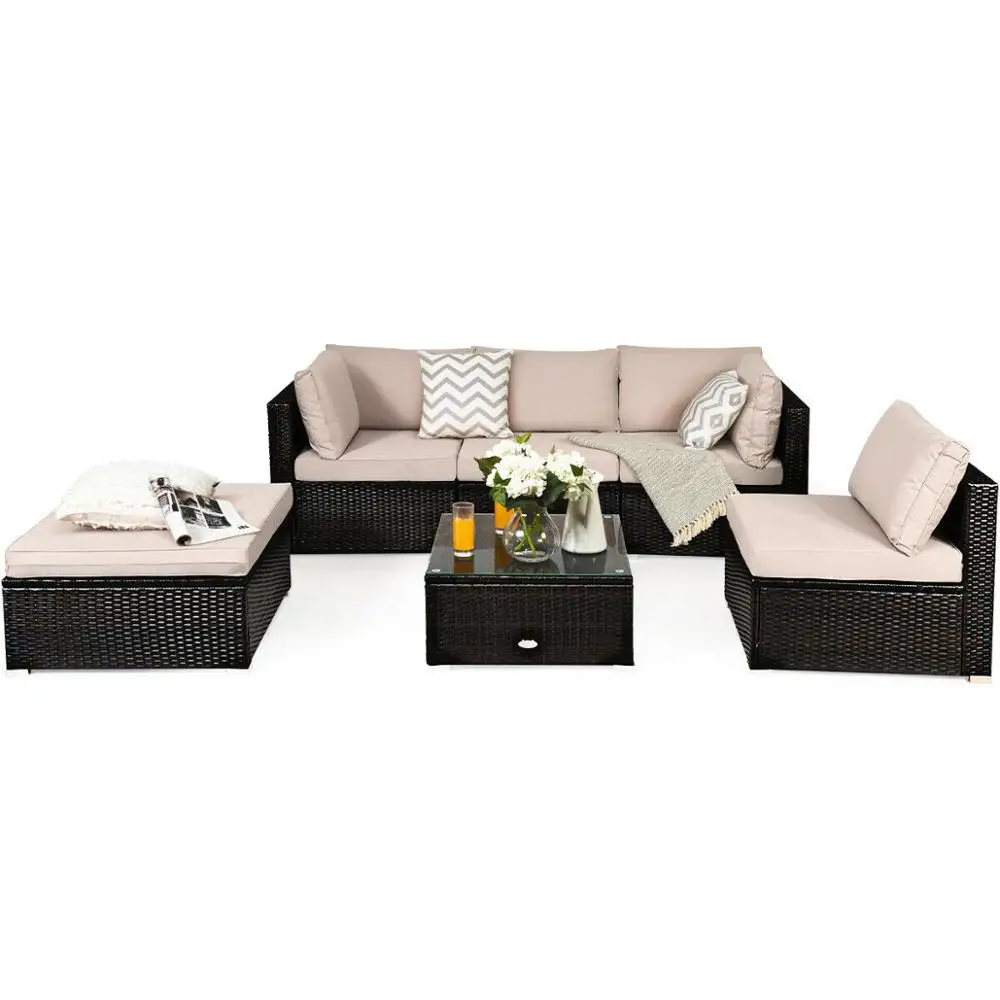 

6PCS Outdoor Patio Rattan Furniture Set Cushioned Sectional Sofa Ottoman HW63878+