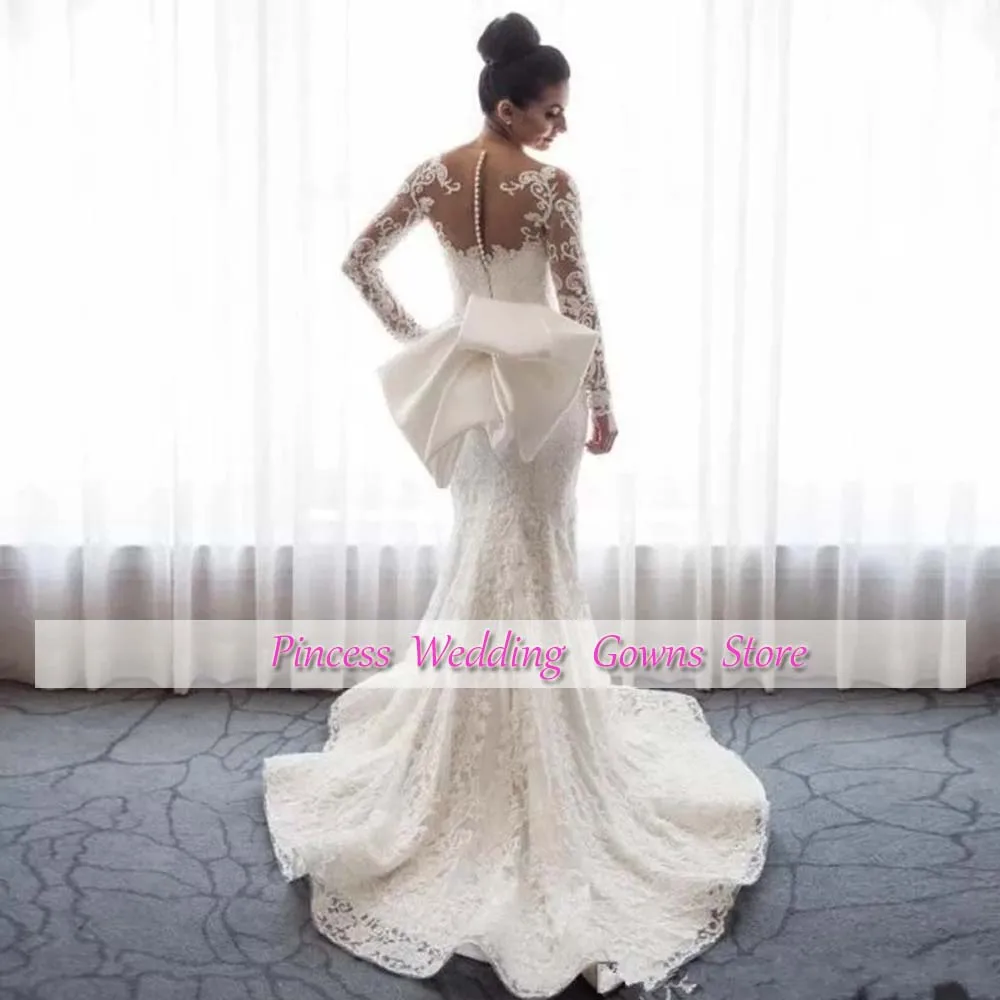 Customized Mermaid Wedding Dress For Woman  Bow Lace Bridal Gown With Long Sleeves Sweep Train Plus Size Fishtail Robe De Mariee