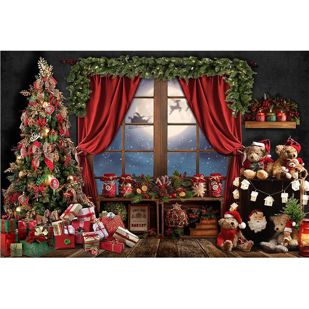 هدايا عيد الميلاد الدببة غرفة خلفية ستارة حمراء نافذة الشتاء العجائب القمر الكبير خلفية عيد ميلاد صورة التصوير الدعائم