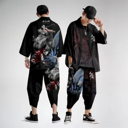 Chinesischen Stil Druck Männer Kimono Strickjacke Set Plus Größe Männlichen Yukata Samurai Kleidung Beiläufige Lose Streetwear Jacke Hose Anzug 6XL
