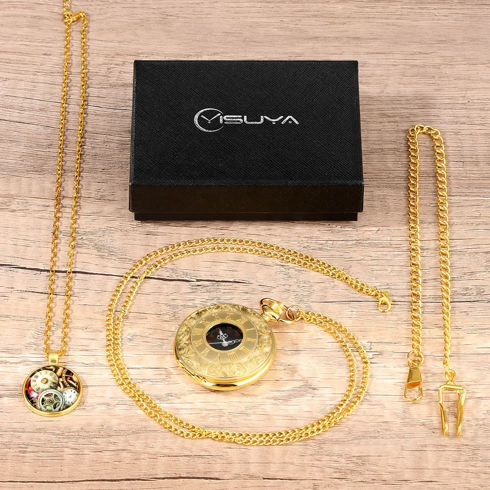 Luxury Gold Pocket Watch Set with Box Mens Roman Numeral Dial Watch Quartz Clock Ladies Necklace with Accessories Birthday Gifts