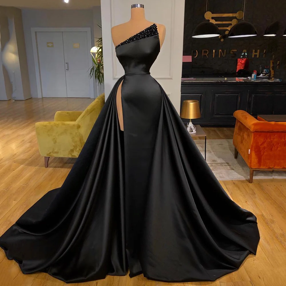 Gaun Prom Hitam Belah Samping Yipeisha Gaun Kontes Formal Satin Bermanik untuk Wanita Gaun Pesta Malam Panjang Robe De Soiree