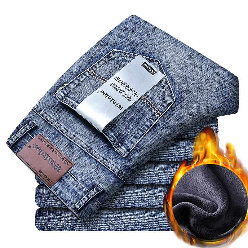 Celana panjang Jeans hangat pria, Bawahan Bisnis warna hitam biru Denim lurus tebal gaya klasik modis musim dingin 2023