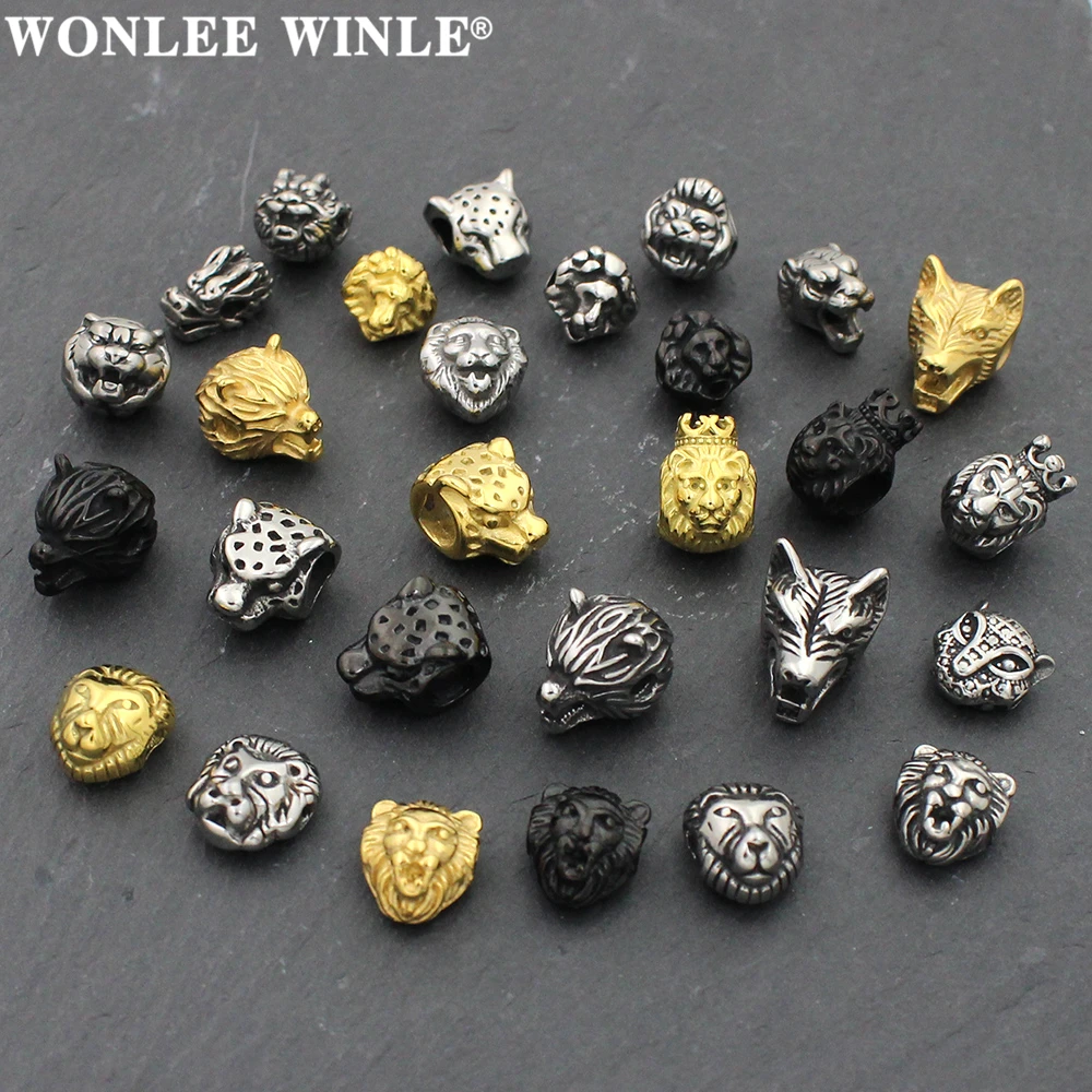 2pcs Stainless Steel 2-6mm Hole Animal Lion Wolf Tiger Head Spacer Bead Charms For Paracord Knife Lanyard DIY Jewelry Making