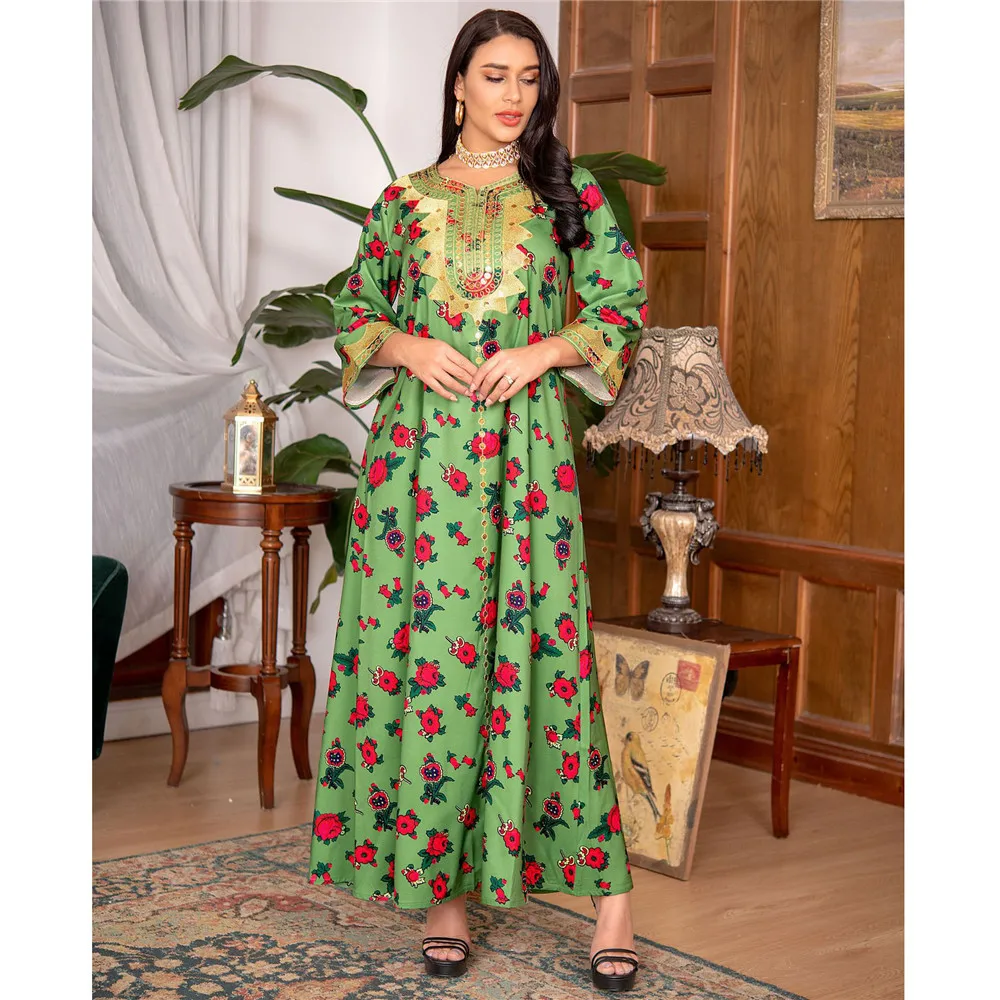 

Floral Print Abaya Long Dress for Women Arabic Party Kaftan Saudi Aeabic Robe Gulf Dubai Jalabiya Muslim Evening Dresses Caftan