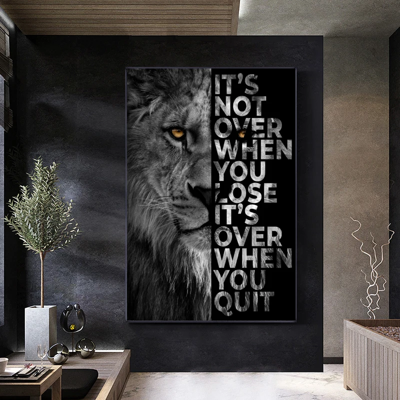 Animal Wall Decor Painting Lion Poster Its Over When You Quit Insparing Phrase Canvas Prints for Home Office Wall Decor