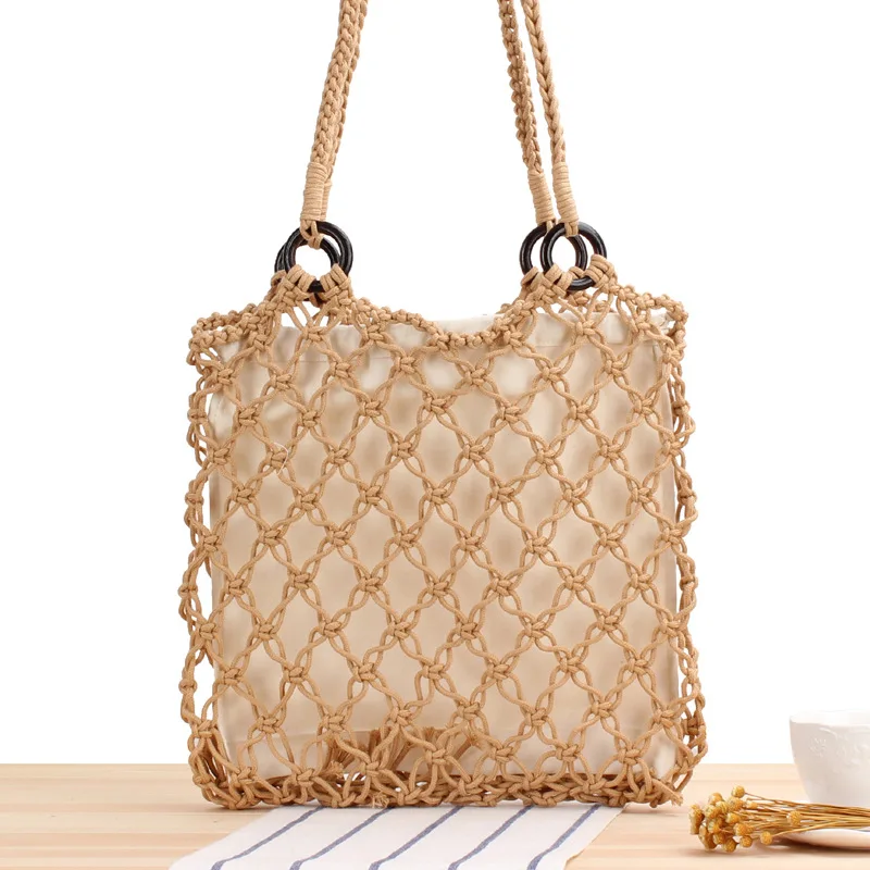 33x30CM New Solid Color Wooden Ring Hollow Cotton Rope Woven Bag Natural Style Handmade Net Bag Holiday Beach Straw Bag a7157