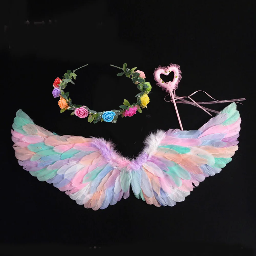 Women Adult Girls Princess Angel Feather Wings Flower Wreath Magic Wand Fancy Dress Up Costume for Birthday Party Wedding Easter