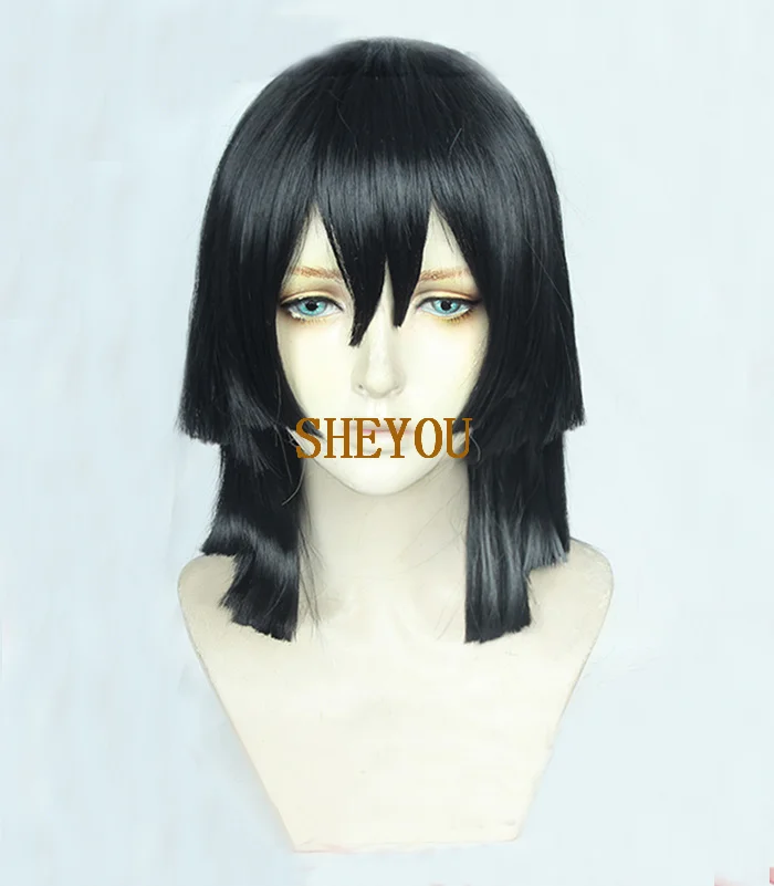 Anime Iguro Obanai Cosplay Wig Short Black Styled Heat Resistant Hair Cosplay Costume Wigs + Free Wig Cap