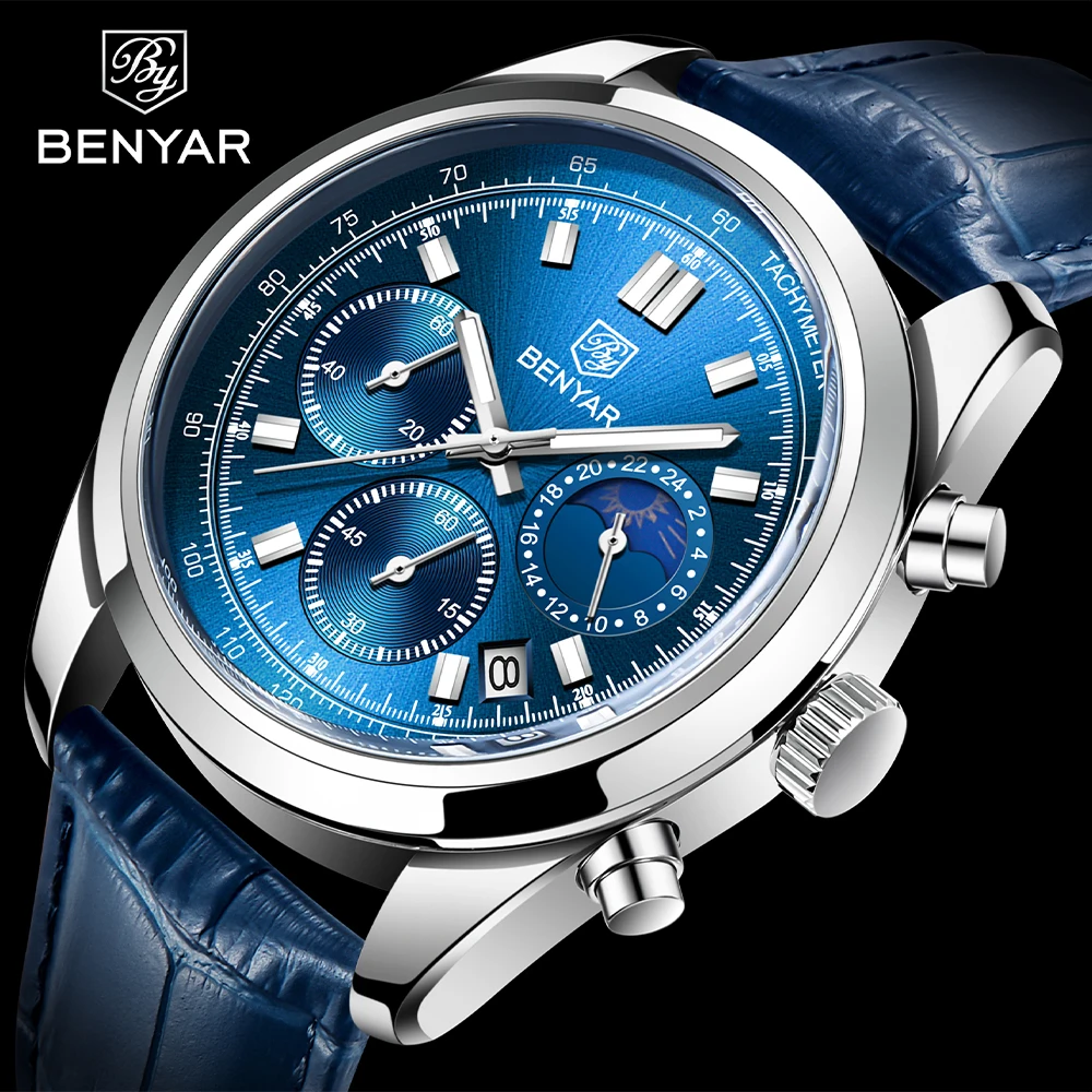 BENYAR Sports Chronograph 2024 New Men Quartz Wristwatch Stainless steel Diver Watch 30ATM Waterproof Leather Military Watches