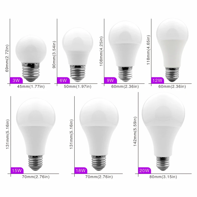 Bombilla LED E27, 20W, 18W, 15W, E14, 12W, 9W, 6W, 3W, CA 220V, foco de iluminación blanco frío/cálido, lote de 10 unidades