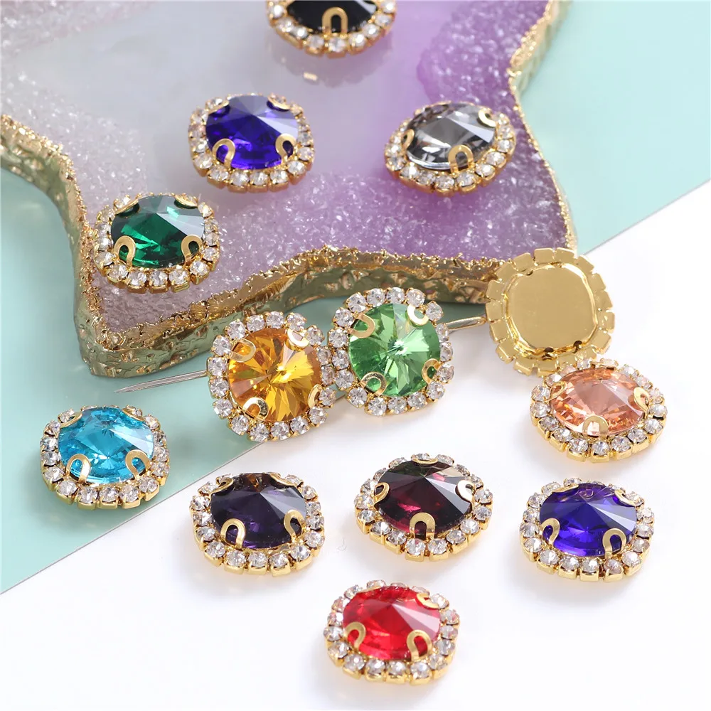 New 10pcs Colorful Round Glass Sew on Rhinestones With Golden Lace Claw Sewing Crystal Flatback Red Rhinestone For Needlework