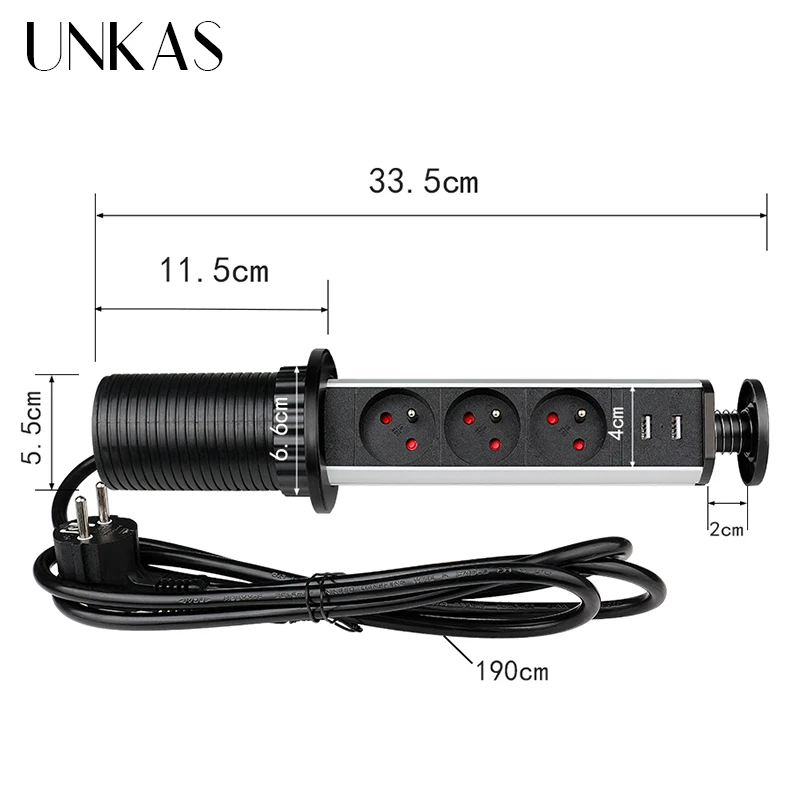 UNKAS 16A PULL POP UP 3 Power French Plug Socket Black Dual USB Port Kitchen Table Desktop Sockets Retractable Countertops