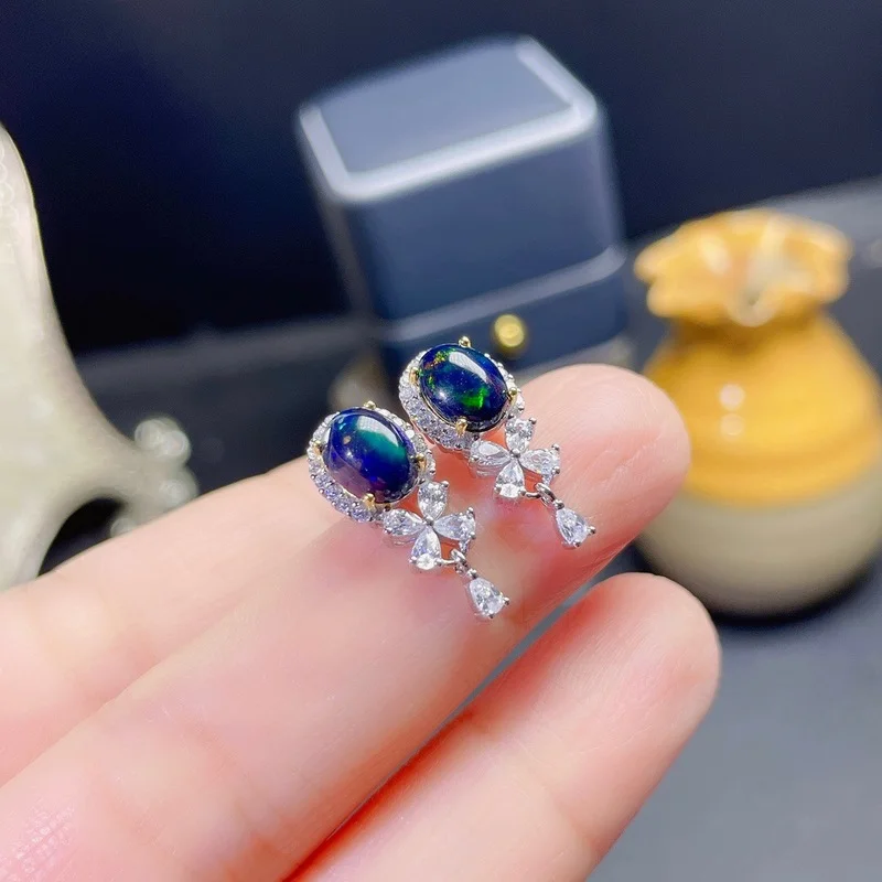 Special Offer New Natural Black Opal Earrings, Simple Style, 925 Sterling Silver, Hot Sale