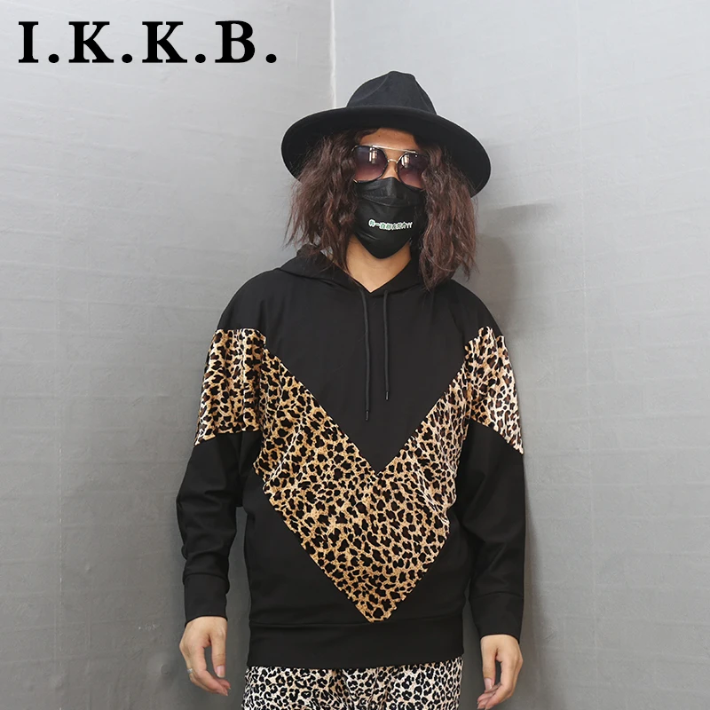 

Autumn winter ins dark wind loose retro hip hop leopard bat sleeve hooded Pullover Sweater men and women's large