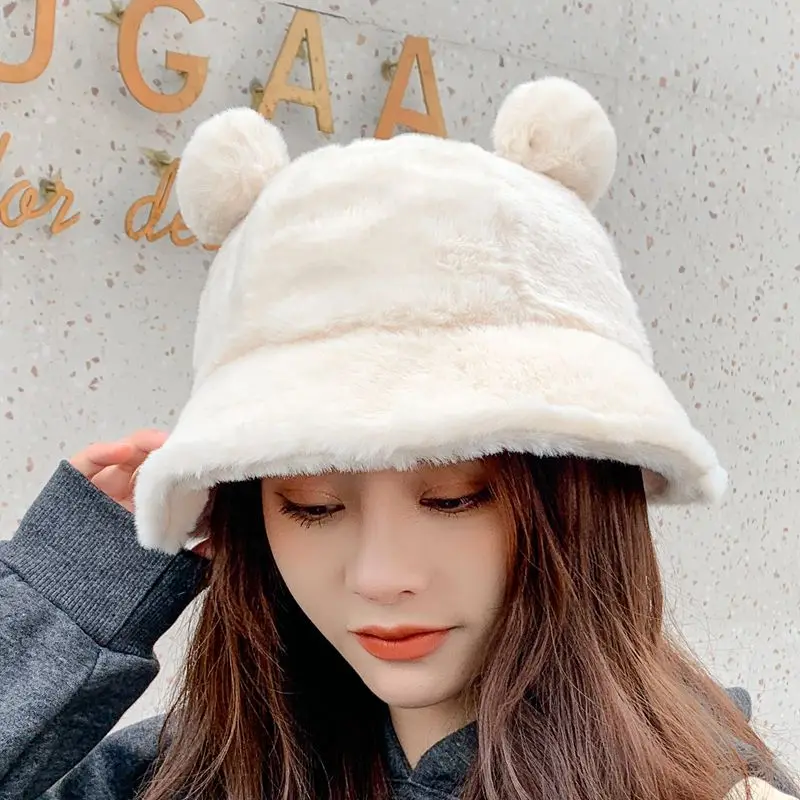 

cute Autumn Winter Leopard Fur Bucket Hat Bear Ear Ball Plush Fisherman Hat Soft Warm Thick Basin Hat Protection Bucket Hats