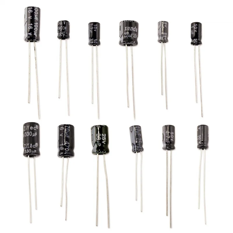 Kit 12 valori 0.22uF-470uF Set assortimento condensatore elettrolitico confezione 1UF 2.2UF 3.3UF 4.7UF 10UF 22UF 33UF 47UF 100UF 220UF