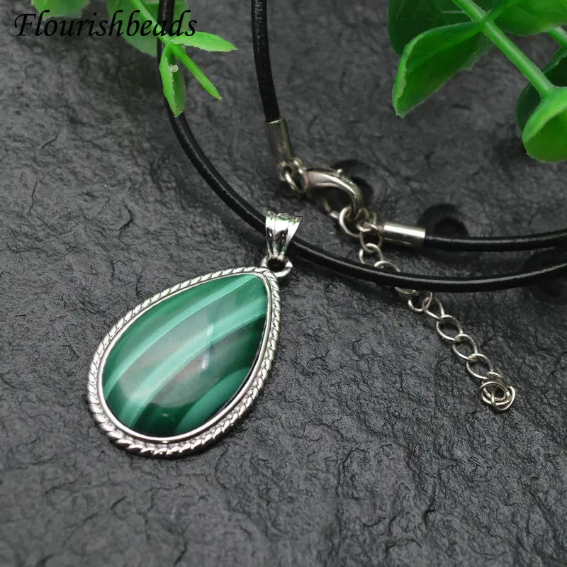 Natural Malachite Stone Free From Impurities Gemstone Water Drop Annual Circle Pendant Leather Chain Necklace Vintage Jewlery