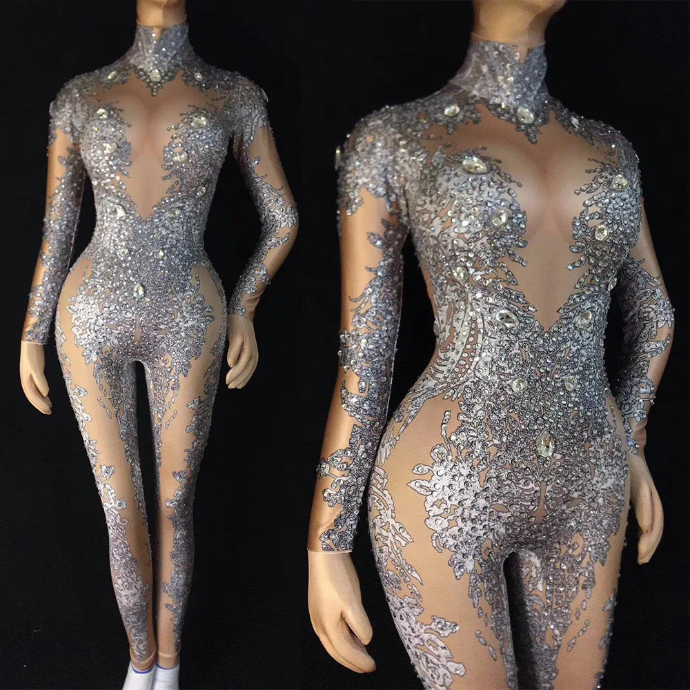 

Women Shining Rhinestones Long Sleeve Stretch Jumpsuits Nightclub Pole Dancing Leotard